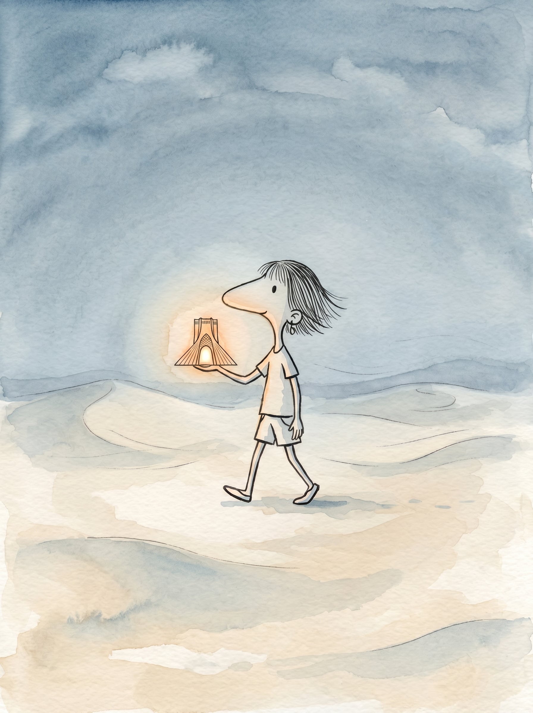 Azadi Tower in the Desert — watercolor illustration by Zi Shamloo by Zi Shamloo, watercolor