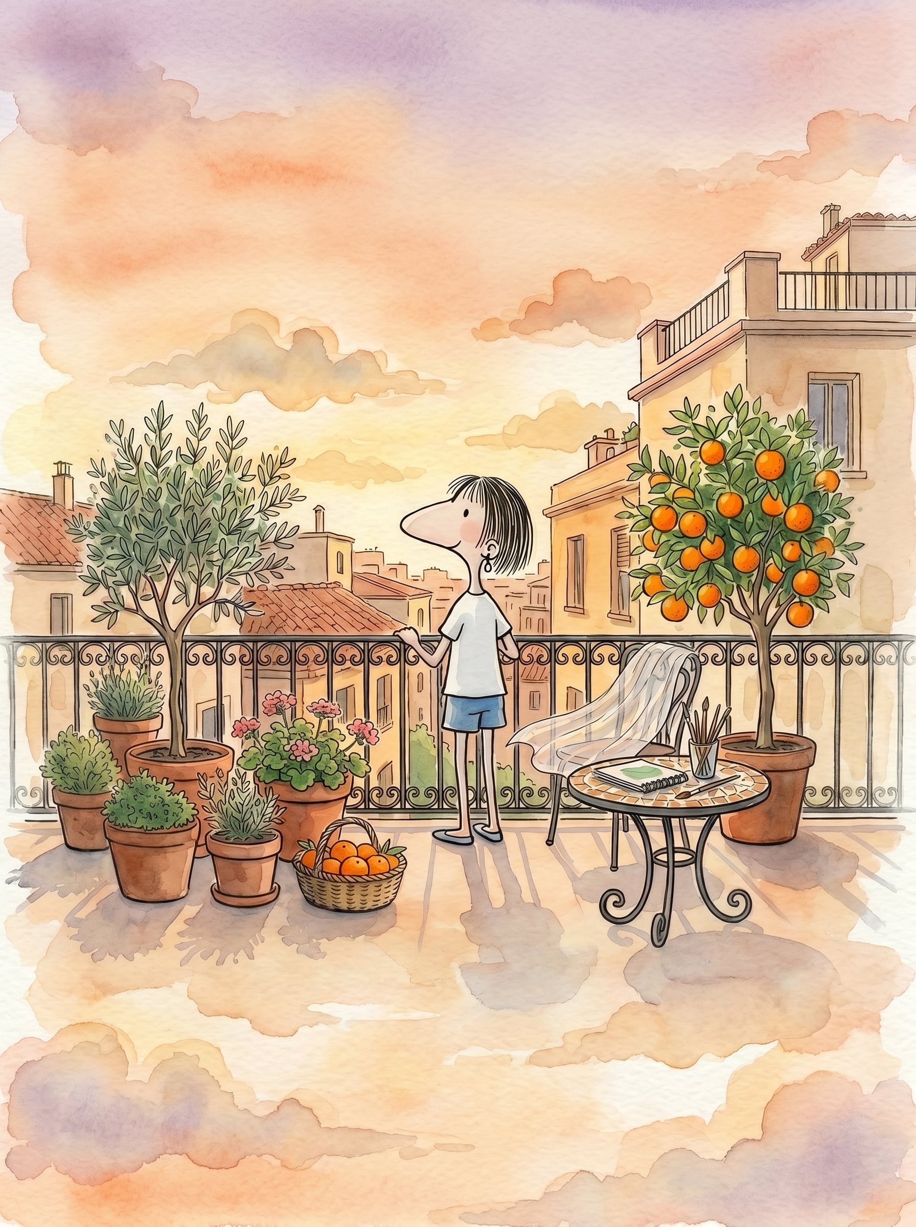 Balcony Sunset — watercolor illustration by Zi Shamloo by Zi Shamloo, watercolor