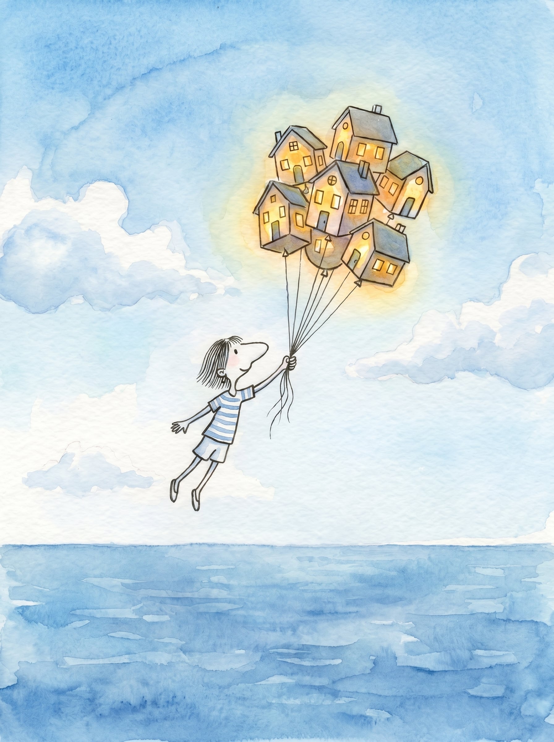 Flying Houses — whimsical watercolor illustration by Zi Shamloo by Zi Shamloo, watercolor