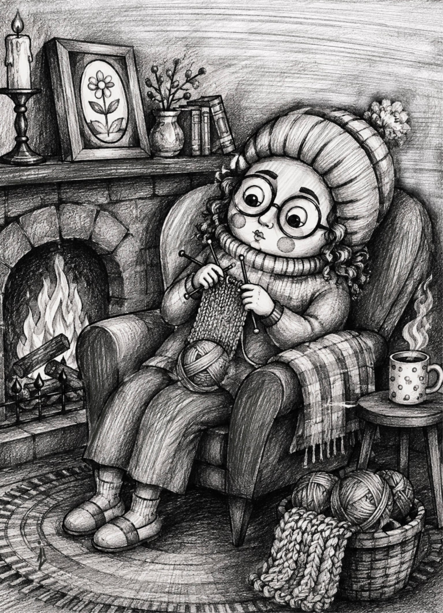 Girl Knitting — pencil illustration by Zi Shamloo by Zi Shamloo, illustration