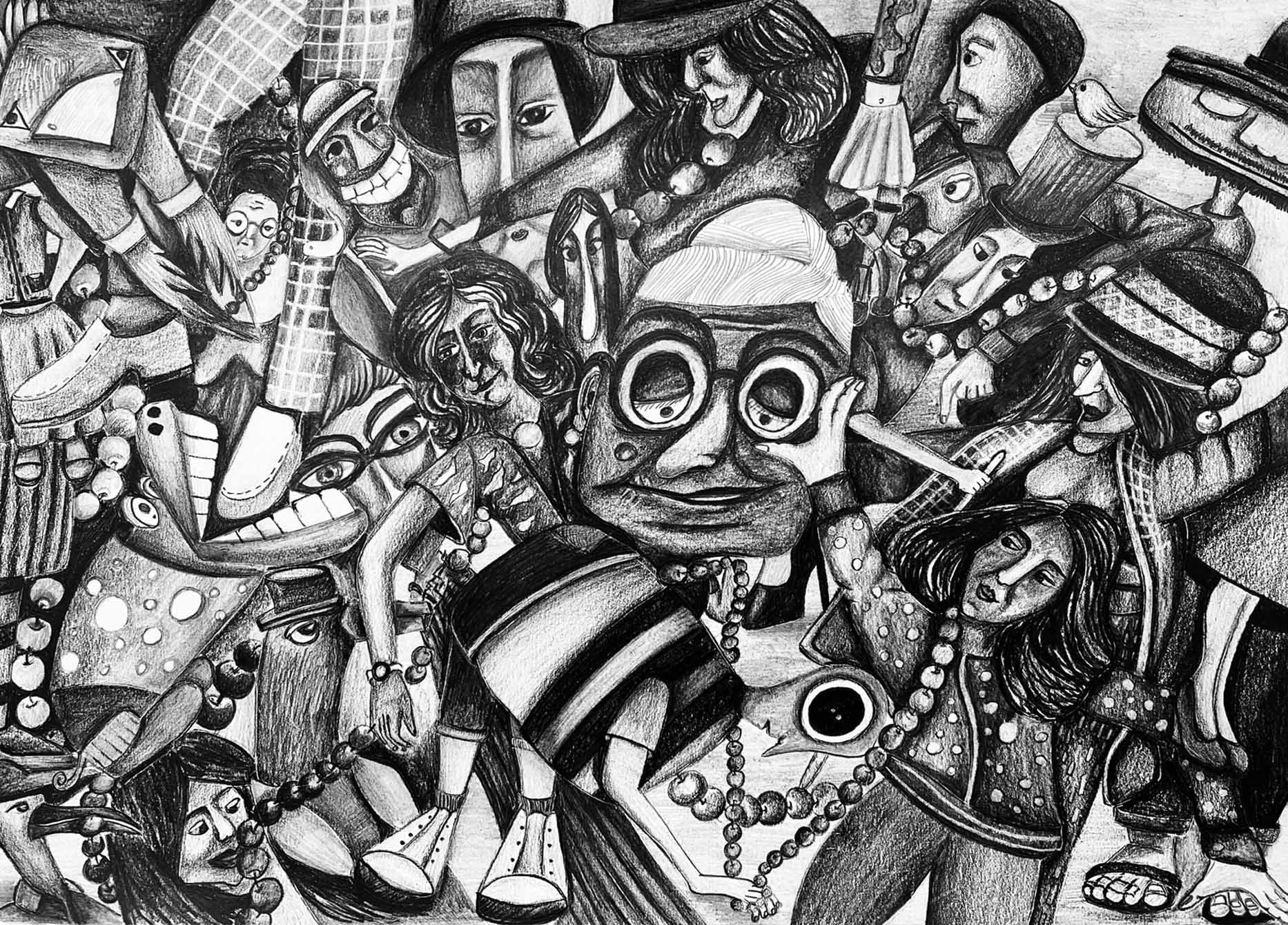 Pearl neckless with characters by Zi Shamloo, illustration