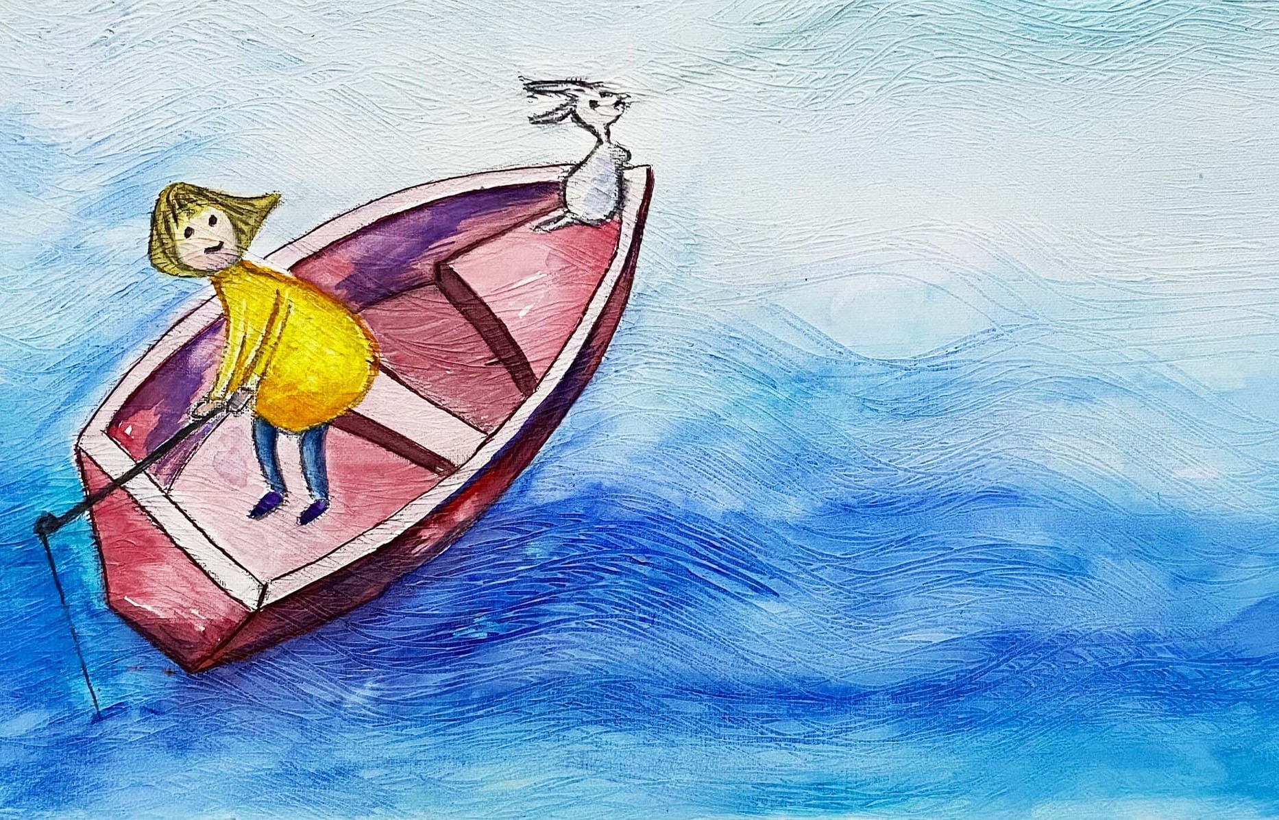 Kid and Rabbit on Boat by Zi Shamloo, watercolor