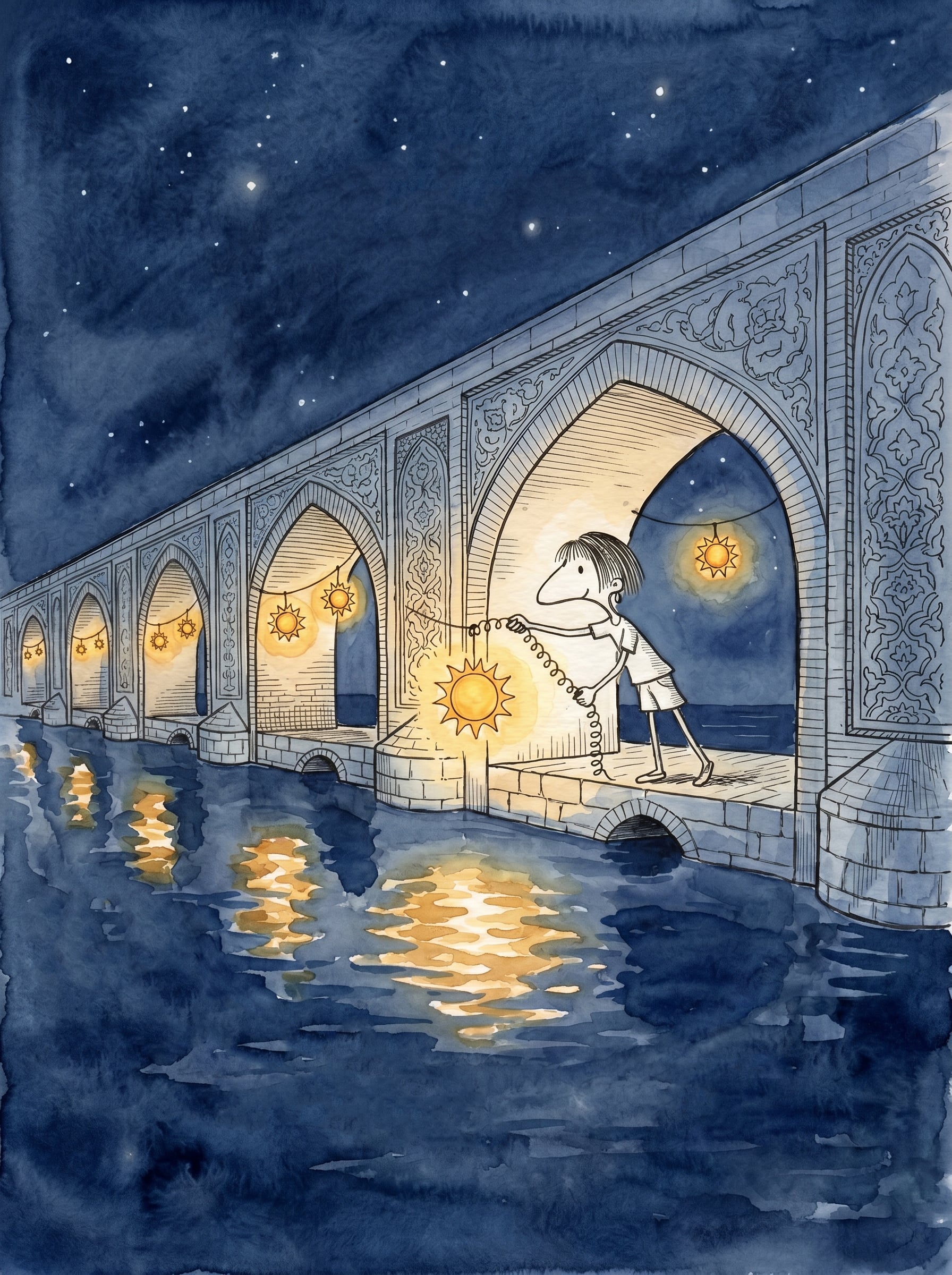 Sun Lantern Bridge — watercolor illustration by Zi Shamloo by Zi Shamloo, watercolor