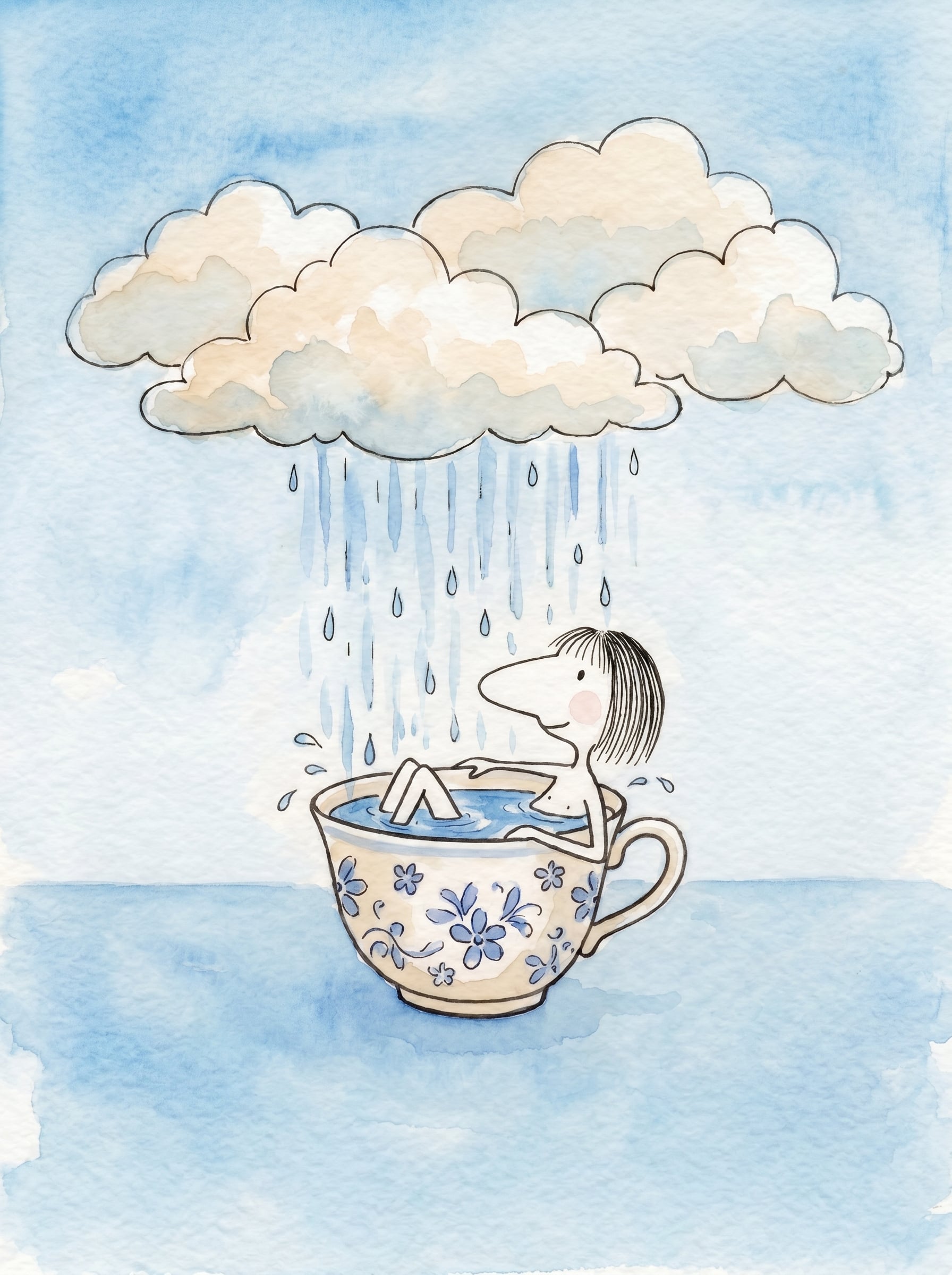 Teacup Bath — whimsical watercolor illustration by Zi Shamloo by Zi Shamloo, watercolor