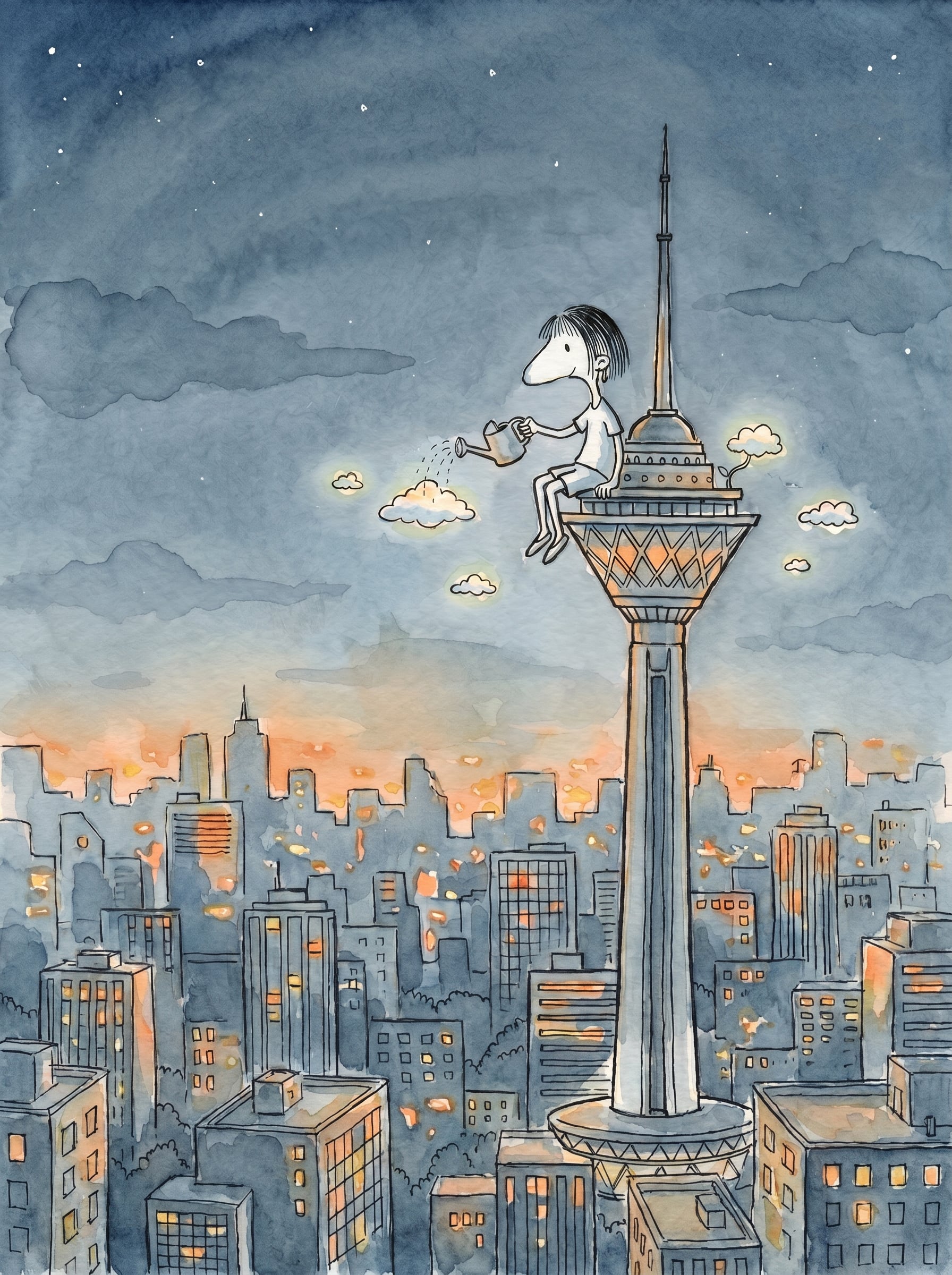 Watering the Clouds — watercolor illustration by Zi Shamloo by Zi Shamloo, watercolor