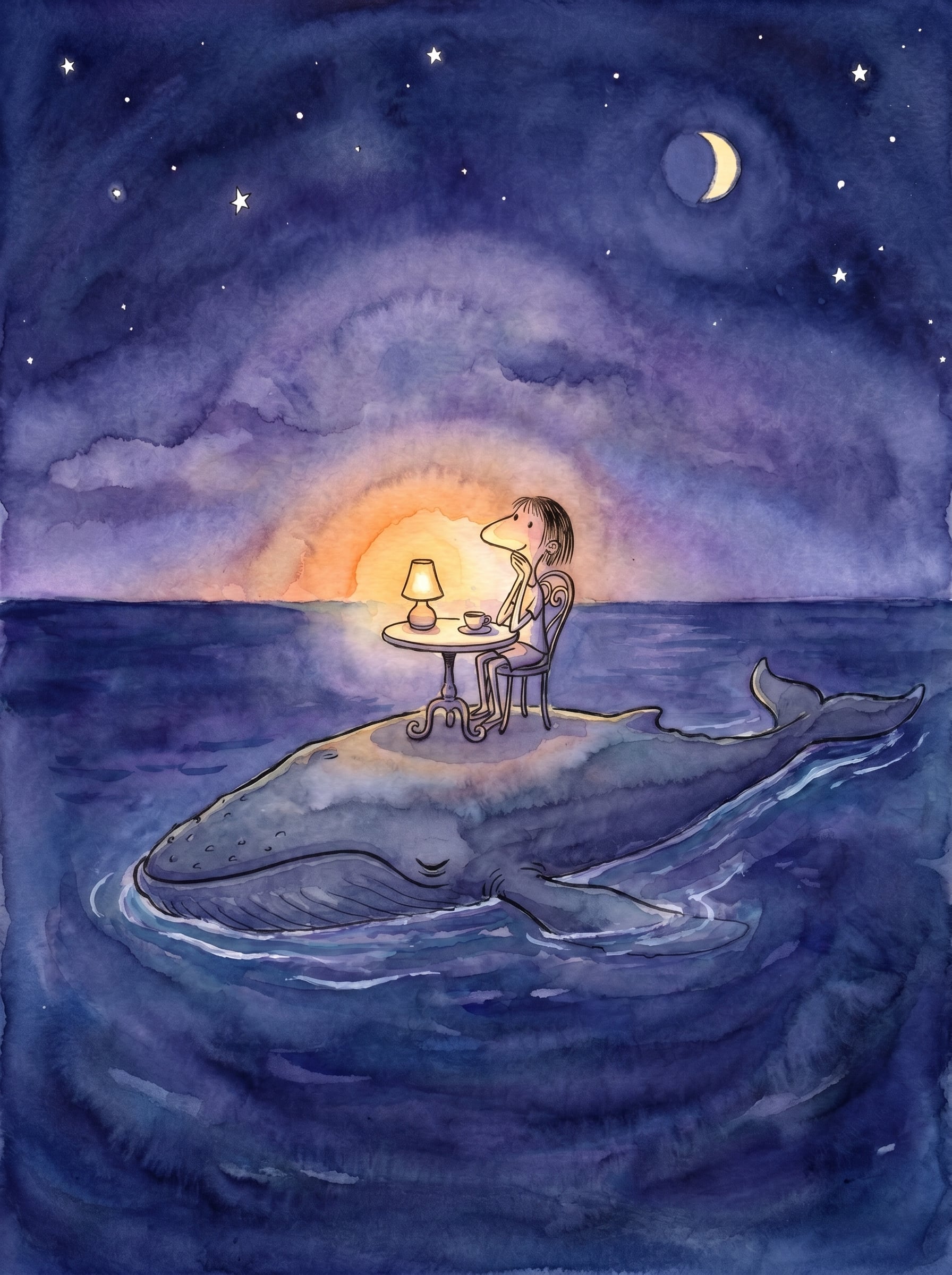 Whale Midnight Tea — watercolor illustration by Zi Shamloo by Zi Shamloo, watercolor