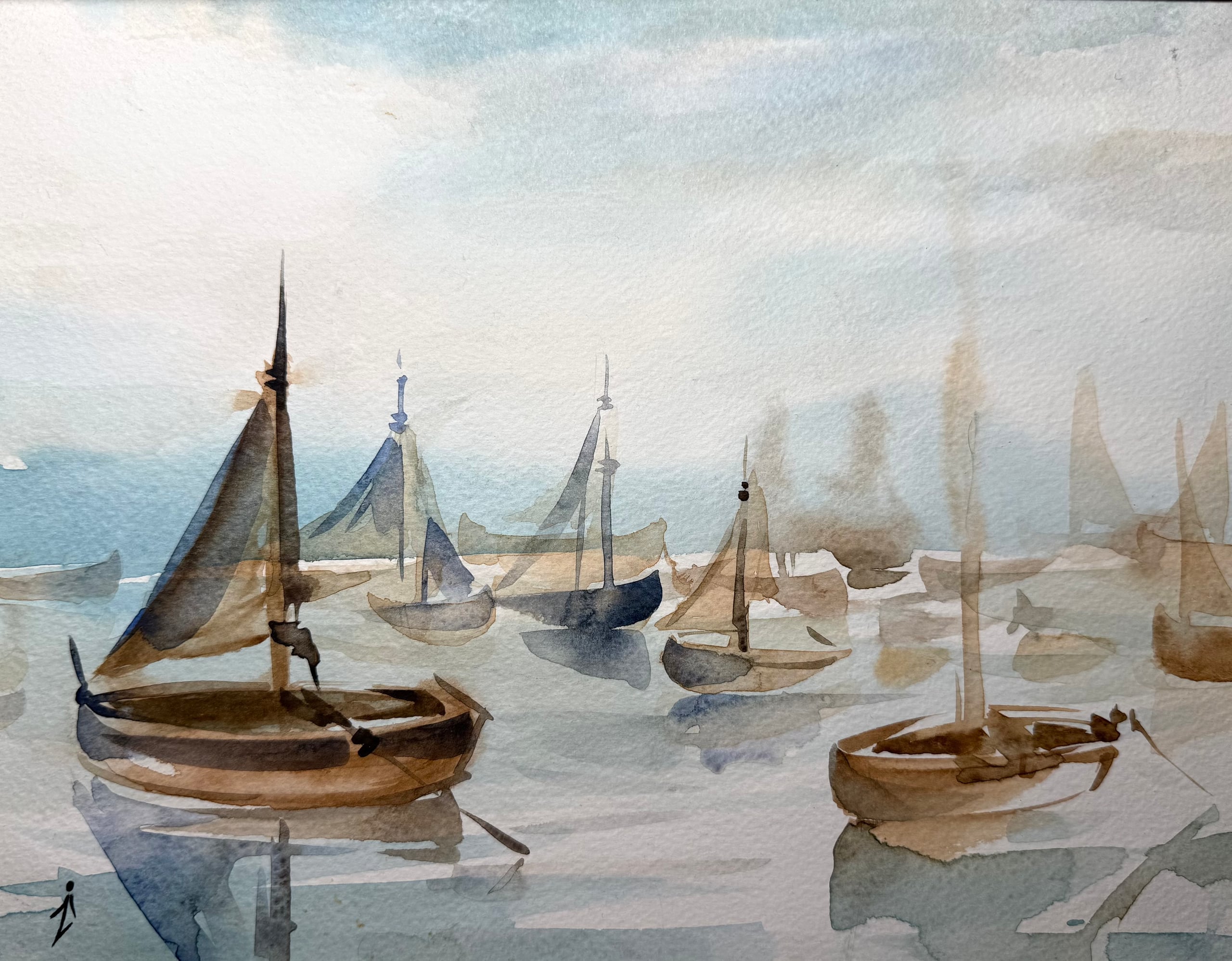 Watercolor painting of sailboats on water by Zi Shamloo